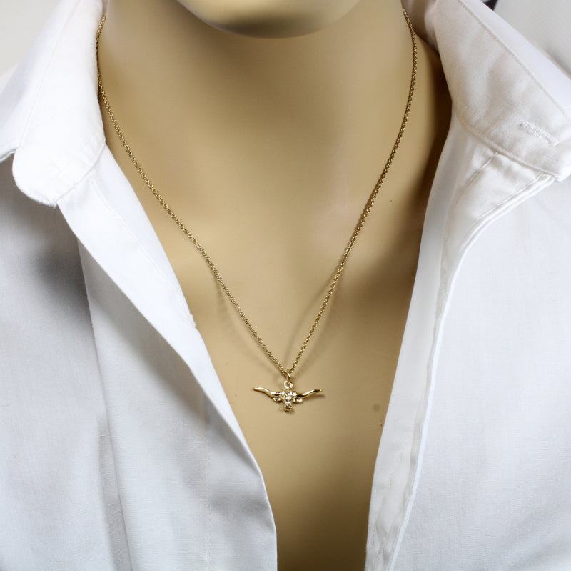 Gold Longhorn Head Necklace for her with Small Longhorn 14kt Gold Vermeil