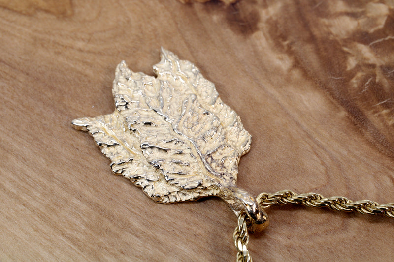 Gold Tobacco Leaf Necklace with solid 14kt gold Three Leaf Charm