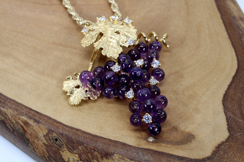Large Gold Grape Cluster Necklace with Amethyst Gemstones in 14kt Gold Vermeil