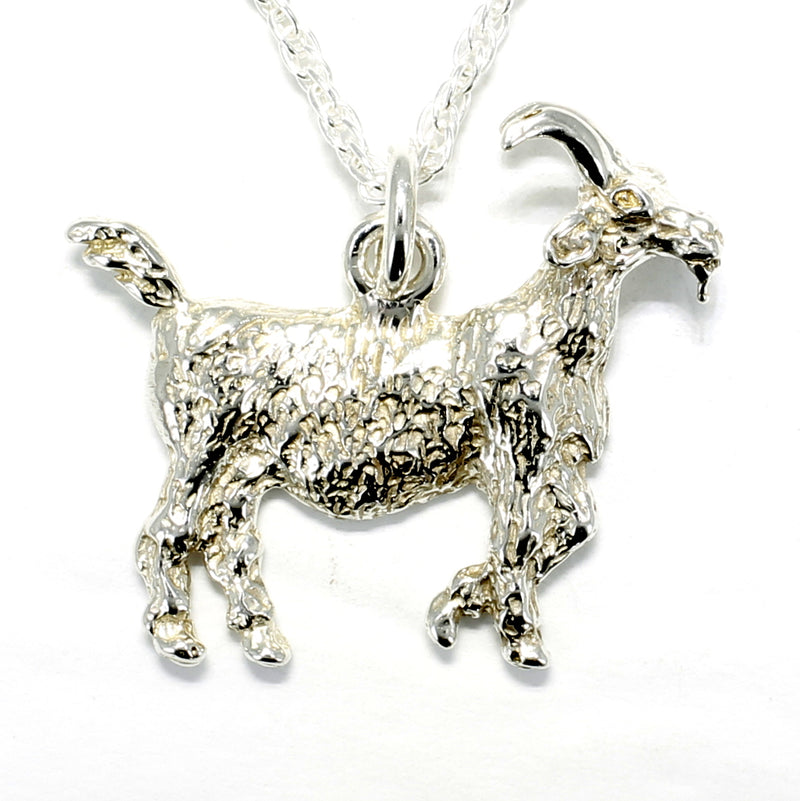 A silver Billy goat necklace.