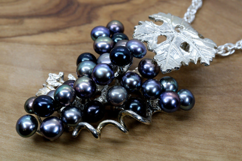 Large Black Pearl Grape Cluster Necklace made in Sterling Silver