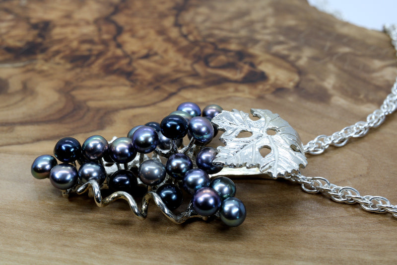 Large Black Pearl Grape Cluster Necklace made in Sterling Silver