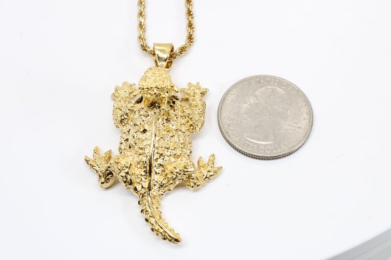 Giant Size 14kt Gold Vermeil Horned Toad Frog Lizard Necklace