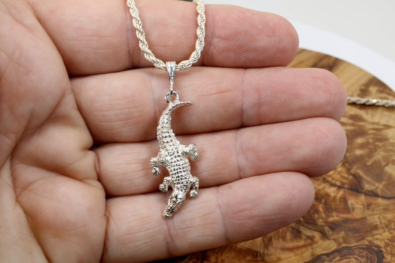 Large Alligator Necklace for man on rope chain in Sterling Silver