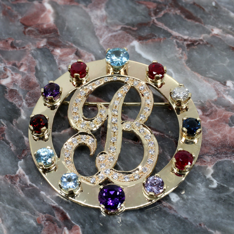 Mothers Birthstone Brooch in solid 14kt Gold With Natural Gemstones