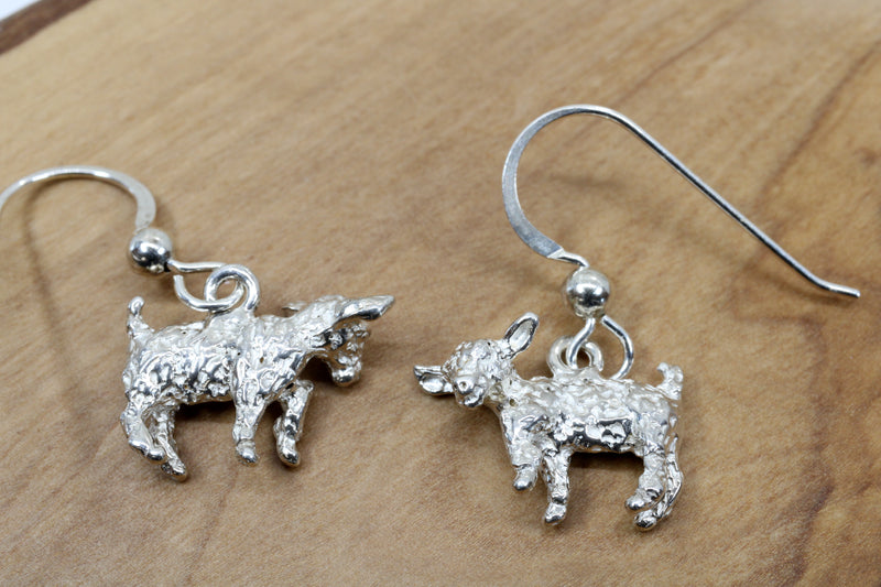 Silver Baby Goat Dangle Earrings with a 3-D Solid 925 Sterling Silver Playful Goats