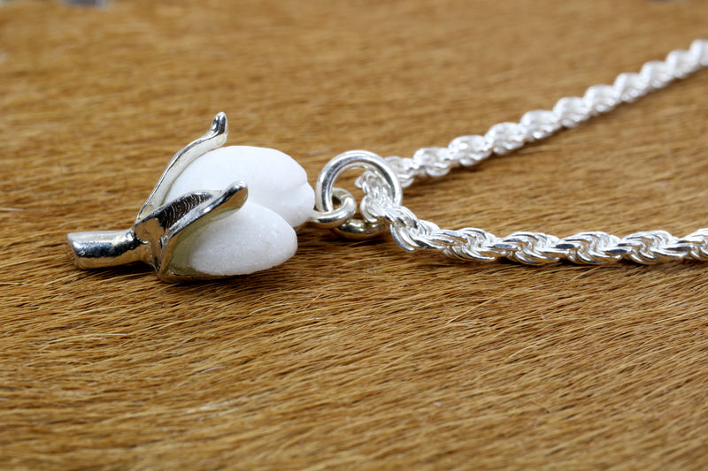 Cotton Anniversary Gift For Him Silver Cotton Boll Necklace with White Stone