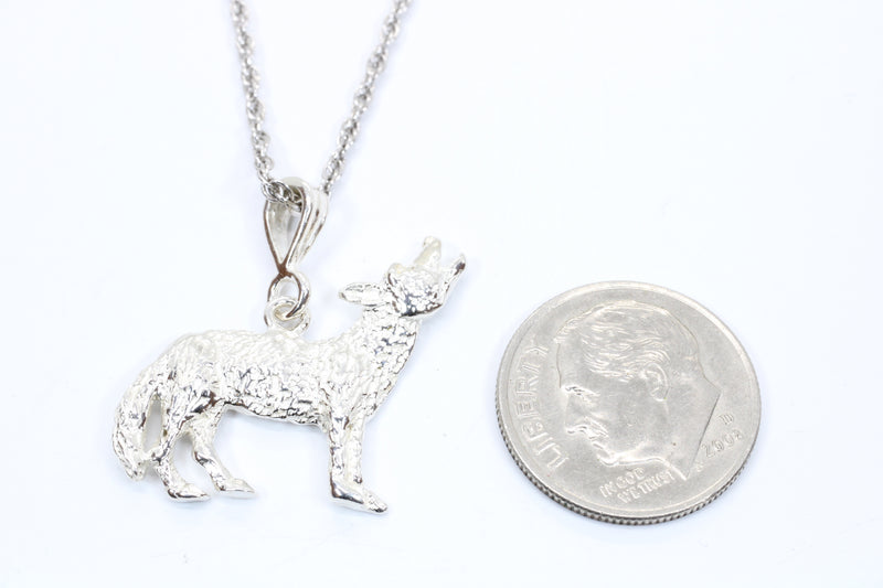 Silver Coyote Necklace with solid 925 Sterling Silver 2D Howling Coyote