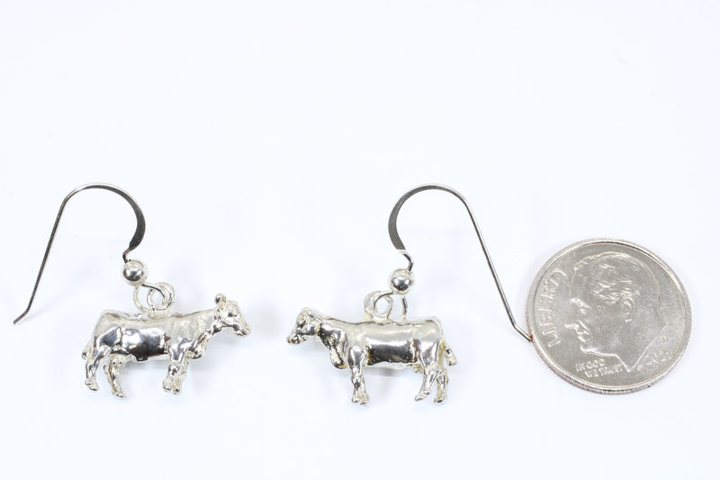 Silver Cow Earrings Dangling in 925 Sterling Silver for Cow Lovers