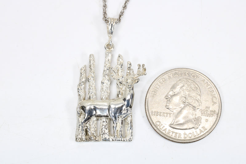 Silver Whitetail Deer Necklace Gift for Her with Deer in the Woods