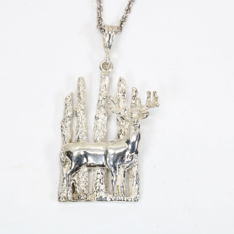 Silver Whitetail Deer Necklace Gift for Her with Deer in the Woods