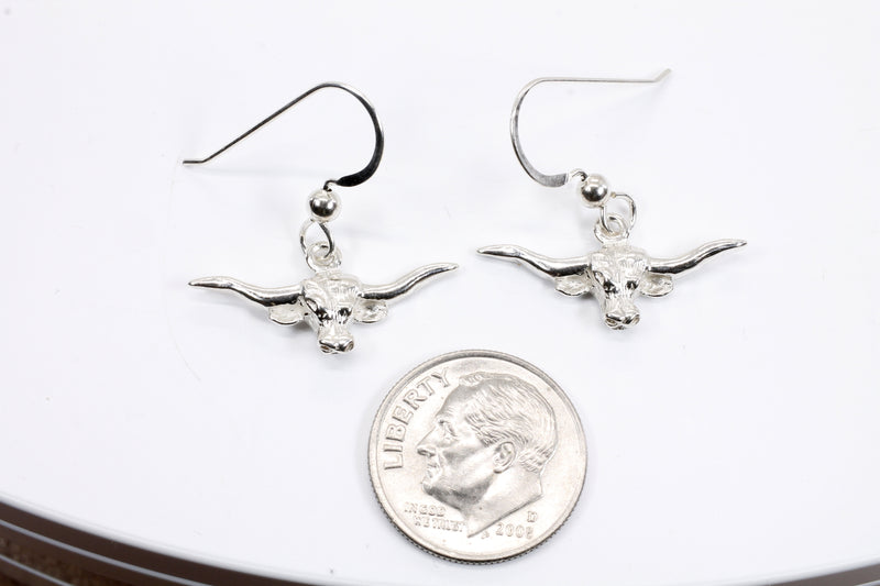 Silver Longhorn Head Earrings in small size made in 925 Sterling Silver