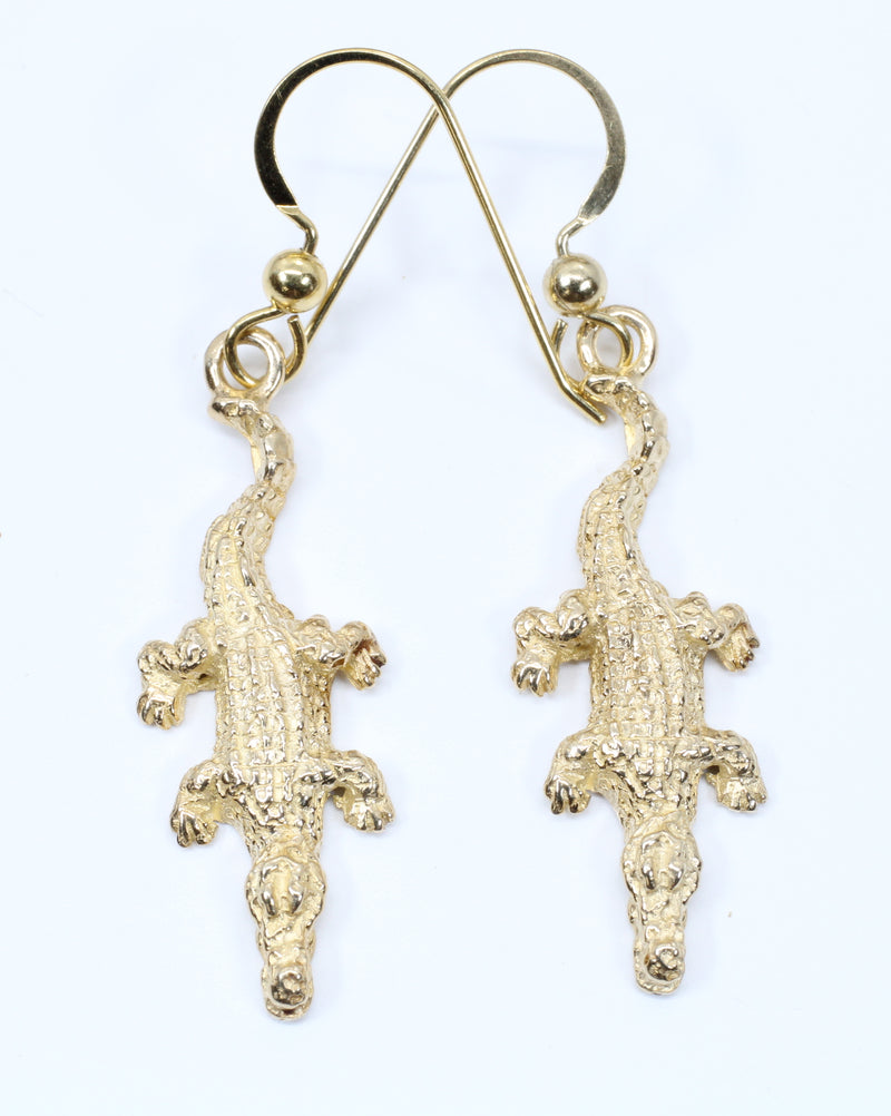 Small Gold Alligator Dangle Earrings for her made in Solid 14kt Gold