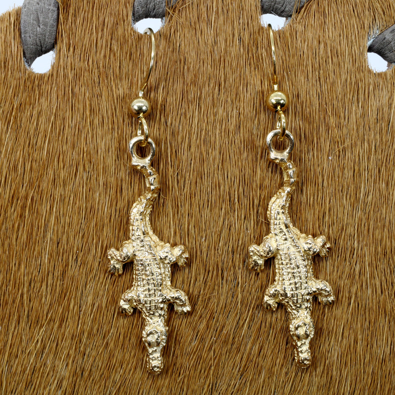 Small Gold Alligator Dangle Earrings for her made in Solid 14kt Gold