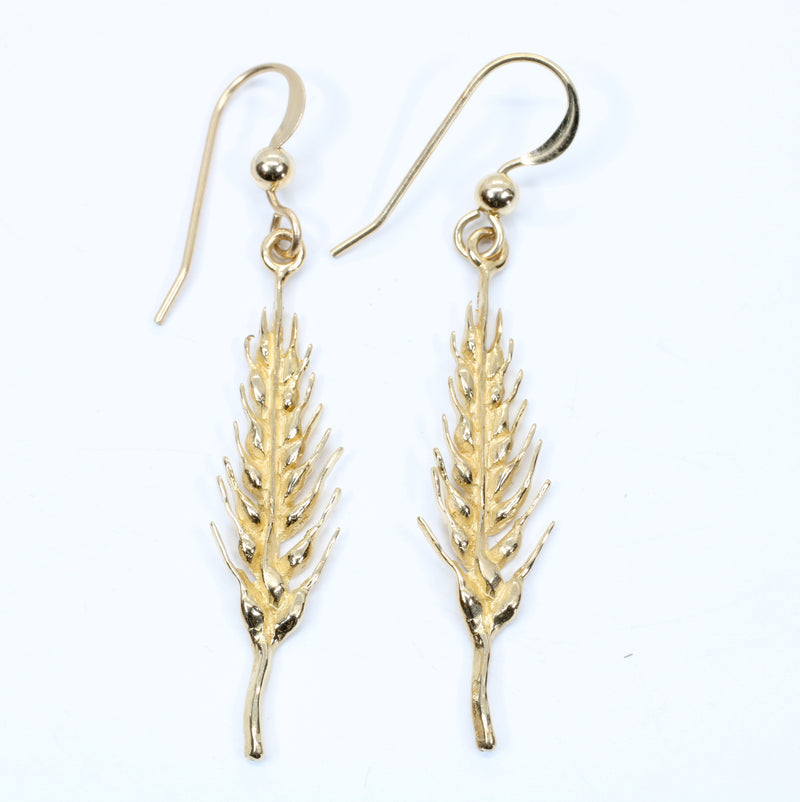 14kt Yellow Gold Wheat Earrings dangling on wires for wheat grower