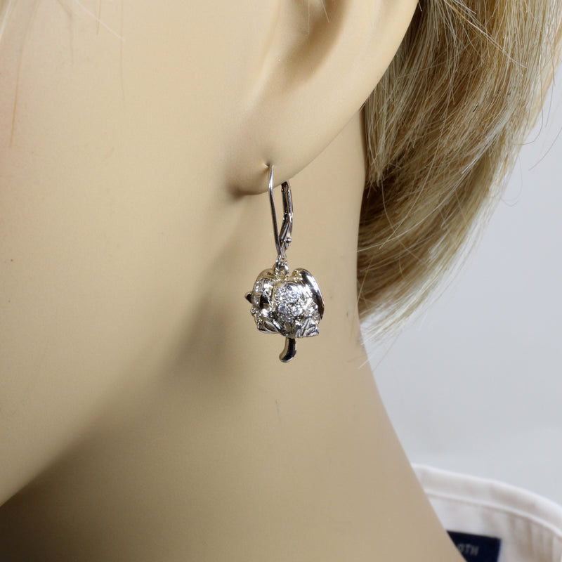 Diamond Cotton Boll Dangle Earrings made in 14kt White Gold