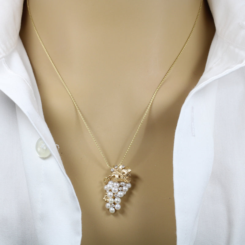 White Pearls Grape Cluster Necklace with diamonds made in 14kt Gold