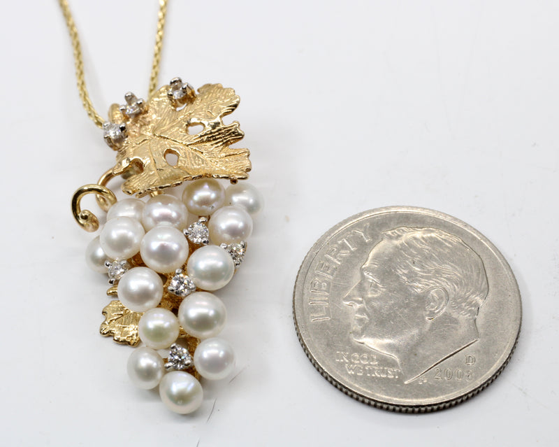 White Pearls Grape Cluster Necklace with diamonds made in 14kt Gold